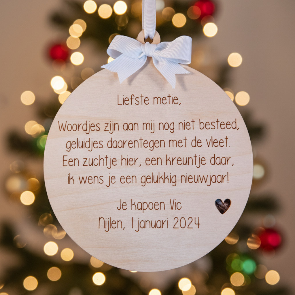 Houten nieuwjaarsbrief "Kerstbal"