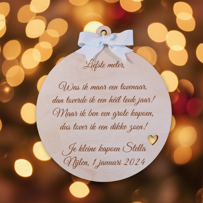 Houten nieuwjaarsbrief "Kerstbal"