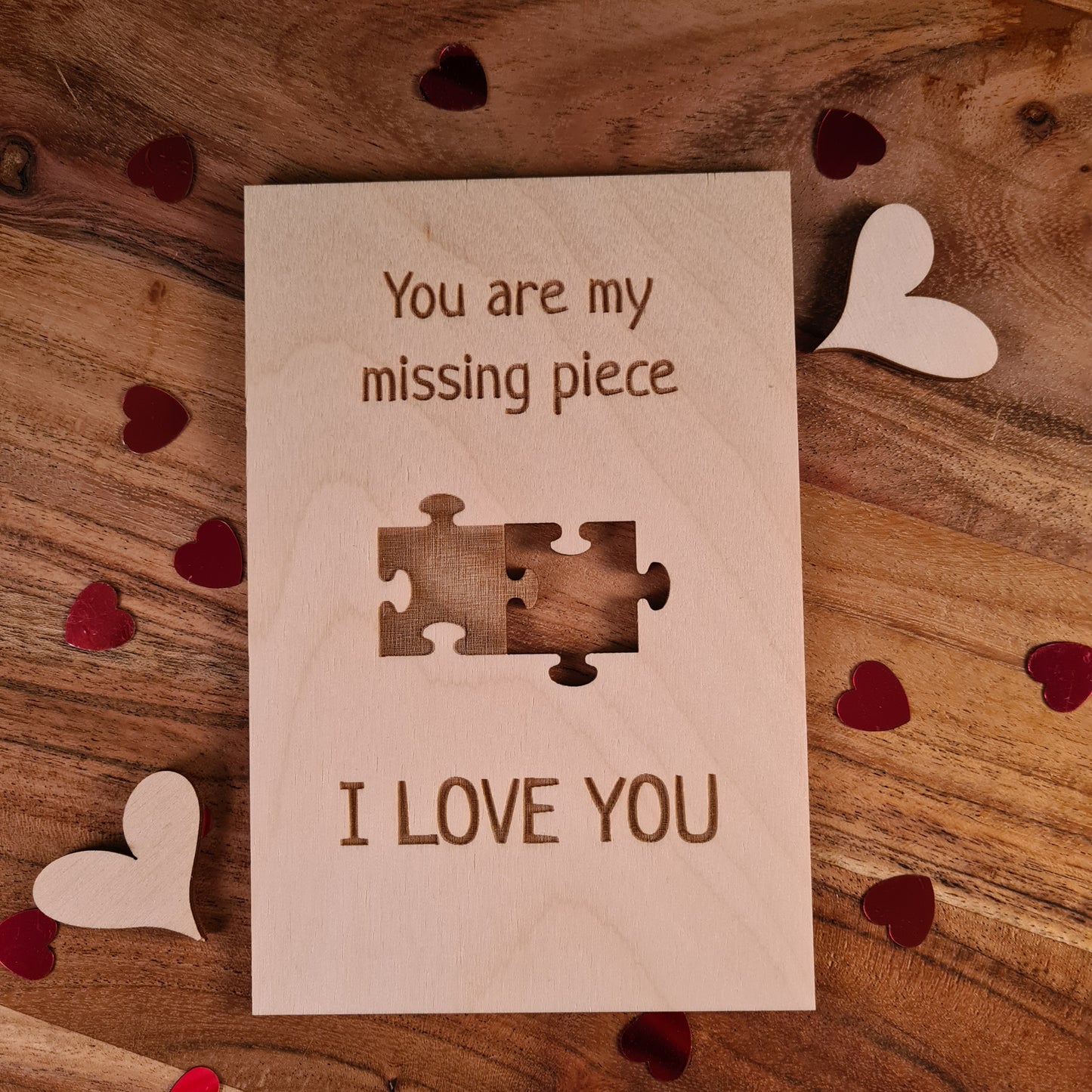 Houten wenskaart "My missing piece"