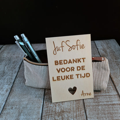 Houten wenskaart "Bedankt voor de leuke tijd"