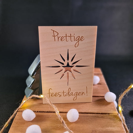 Houten wenskaart  "Prettige feestdagen - ster"
