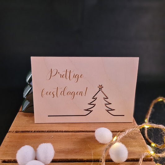 Houten wenskaart "Prettige feestdagen - kerstboom"