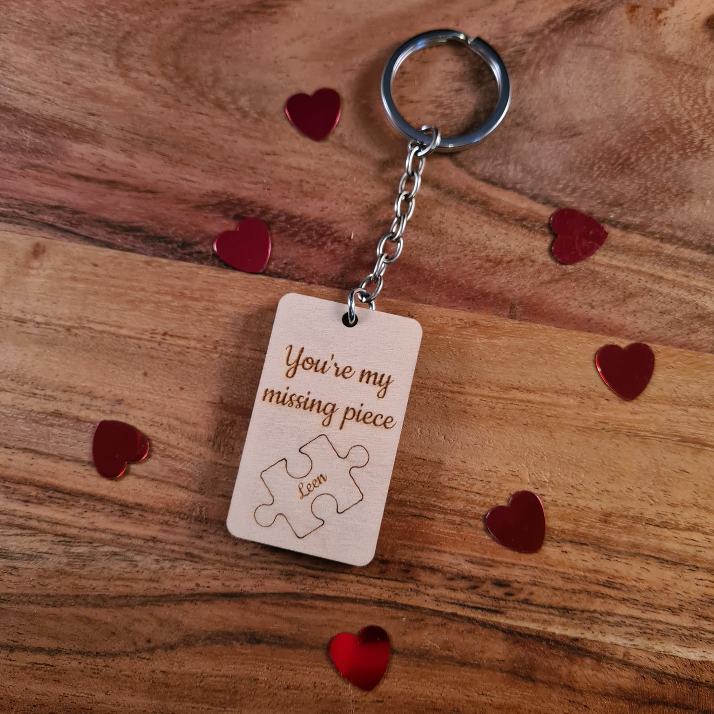 Houten sleutelhanger "Missing piece" - met naam